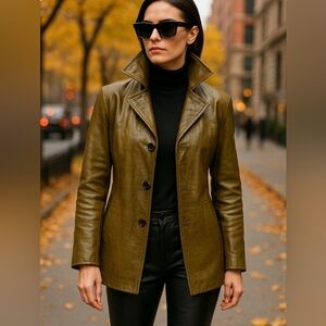 🕶✨️Edgy Chico's Deep Olive Green 'Genuine Leather' Women's Coat
